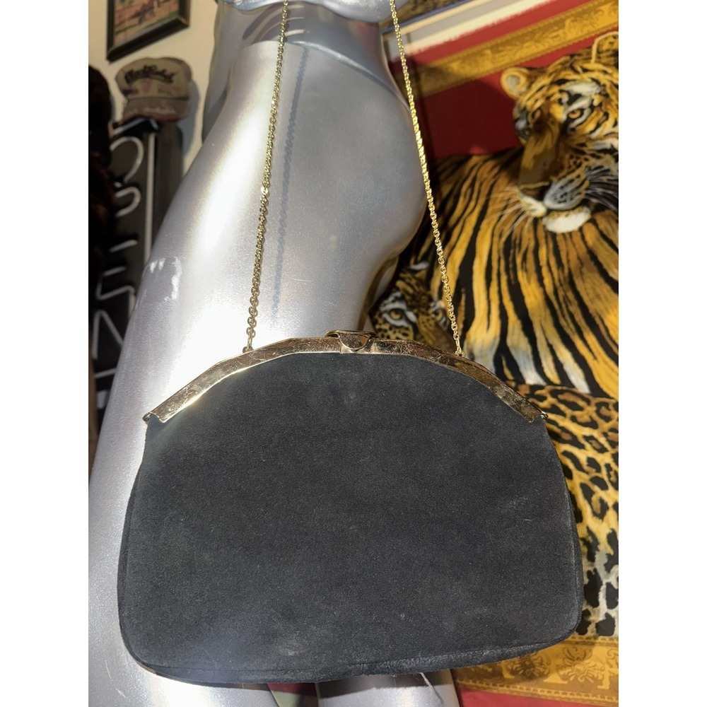 Vintage 1960's Etro Suede Black Evening Clutch Gold Chain Strap Kiss Lock